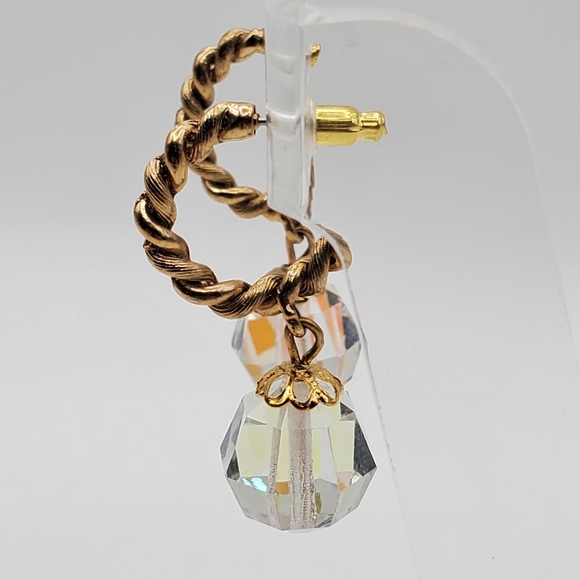 AB Crystal Faceted Bead Hoop Earrings Twisted Gold Tone Pierced Drop Dangle - Picture 4 of 6